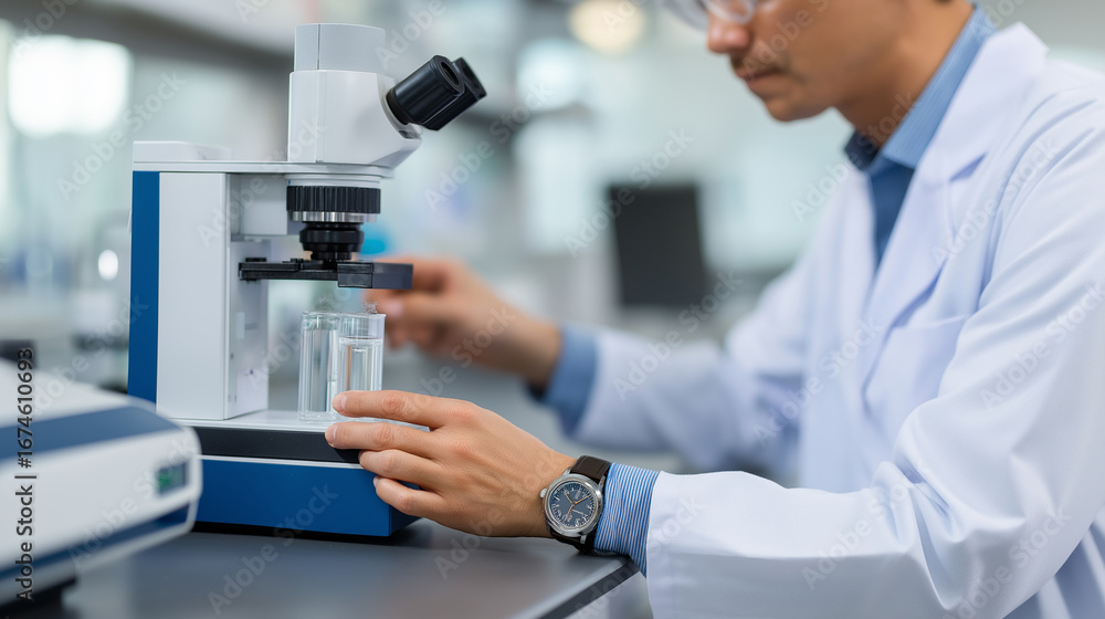 Poster pharmaceutical research scientists develop new drug formulations using analytical instruments conduc