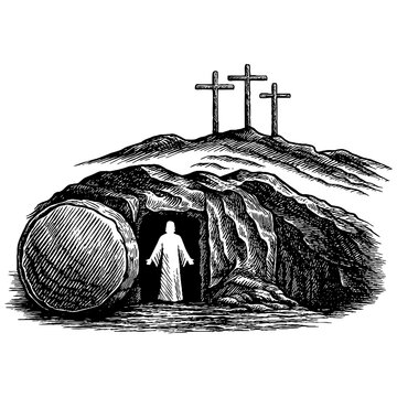 Easter, the resurrection of Jesus and the empty tomb of Christ with the stone rolled away.