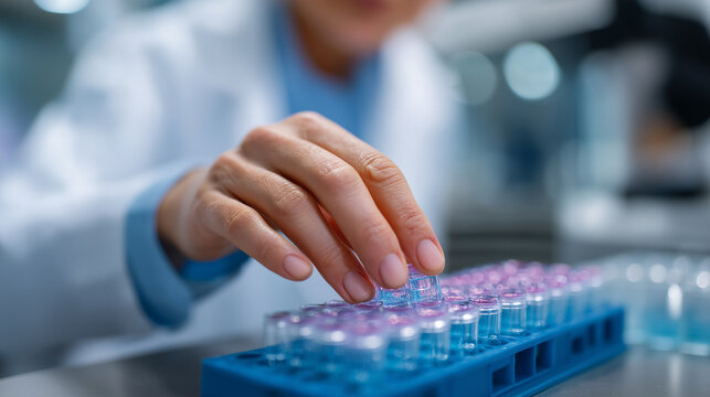 Biotechnology researchers manipulate cell cultures and protein expression systems using bioreactors and purification equipment for biopharmaceutical production and vaccine develop