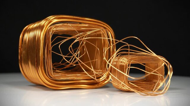 Copper windings different sizes from electric current transformers. Copper, cuprum - chemical element, non ferrous metal