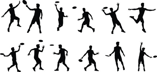 Silhouettes of Men Playing Frisbee in Various Action Poses, Outdoor Sports Activity, Dynamic Movement, and Athletic Recreation