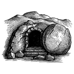 Easter, the resurrection of Jesus and the empty tomb of Christ with the stone rolled away.