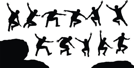 Silhouette Sequence of Man Leaping Across Rock Gap, Dynamic Outdoor Action Scene Showing Jump and Landing, Adventure Motion Progression