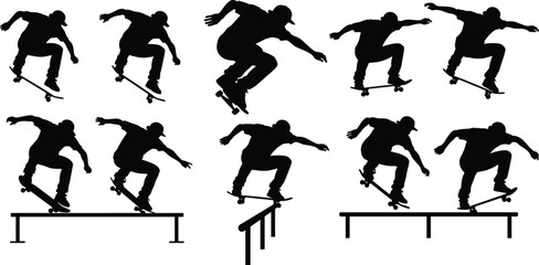 Silhouette Skateboarder Performing Tricks and Stunts, Skating on Rails and Jumping in Air, Urban Sport Activity Vector Illustration Set