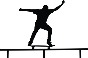 Silhouette of Skateboarder Performing Trick on Rail – Urban Skateboarding Action Pose Vector for Extreme Sports and Youth Culture