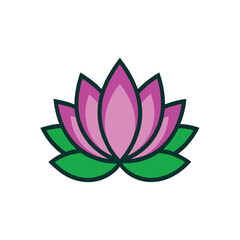 Colourful Lotus Flower Illustration with Green Outer Petals and Pink-Purple Inner Bloom – Symmetrical Design on White Background