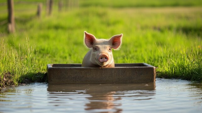 Piglet in water trough on farm