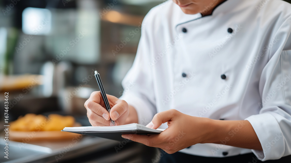 Poster research and development chef testing new recipes with precise measurements and documentation using 
