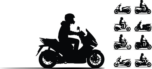 Silhouette of People Riding Motor Scooters and Motorcycles, Vector Set of Riders in Various Poses, Safety Helmet, Urban Transport © Bappi Creatives