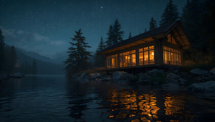 Fototapeta premium A cozy cabin illuminated at night, reflecting in the tranquil lake water, under a starry sky.