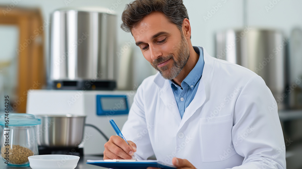 Poster research and development chef testing new recipes with precise measurements and documentation using 