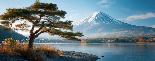 Fototapeta premium Panoramic view with mountain in sunlight under blue sky. Pine tree rounding by reed near the lake.