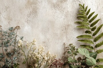 Beige textured wall with various greenery