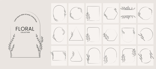 Set of hand drawn floral logo elements. Boho wedding herb, leaves, and frames collection. Vector illustration.