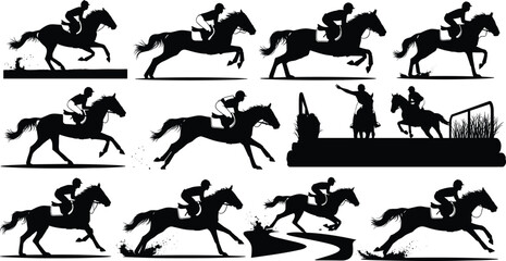 Silhouettes of horse riders jumping, galloping, racing, and training in equestrian events and horse riding competitions