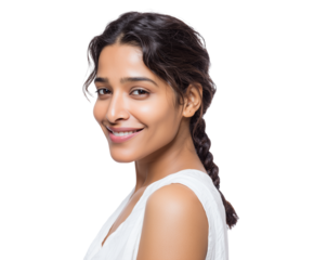 Side profile portrait of smiling Indian woman with braided hair