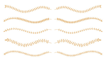Hand drawn nature floral gold line dividers. Wavy vector elements for text layout and decoration. Vector illustration.