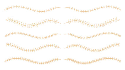 Hand drawn nature floral gold line dividers. Wavy vector elements for text layout and decoration.