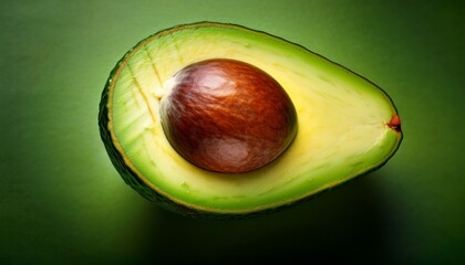 green backdrop highlighting halved avocado revealing creamy flesh and reddish brown seed center displaying fresh natural produce texture