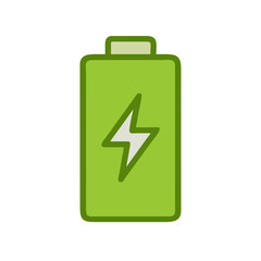 Clean vector icon of a battery filled with energy and a lightning bolt symbol inside, green eco palette, isolated.