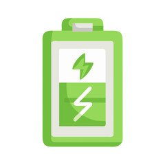 Clean vector icon of a battery filled with energy and a lightning bolt symbol inside, green eco palette, isolated.