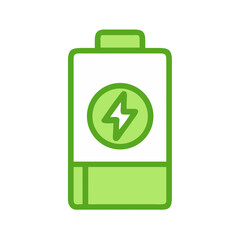 Clean vector icon of a battery filled with energy and a lightning bolt symbol inside, green eco palette, isolated.