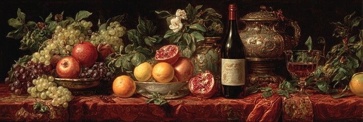 Still life of fruits, wine, and decorative vessels on a rich red cloth