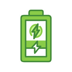 Clean vector icon of a battery filled with energy and a lightning bolt symbol inside, green eco palette, isolated.