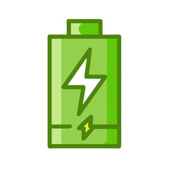 Clean vector icon of a battery filled with energy and a lightning bolt symbol inside, green eco palette, isolated.