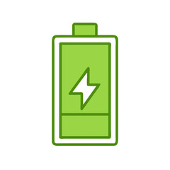 Clean vector icon of a battery filled with energy and a lightning bolt symbol inside, green eco palette, isolated.