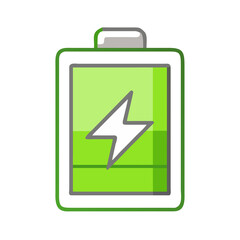 Clean vector icon of a battery filled with energy and a lightning bolt symbol inside, green eco palette, isolated.