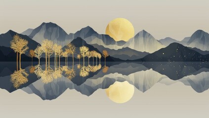 Serene autumn lake, mountain reflection, moonlit night, calming art print