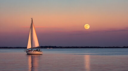 Serene Sailboat at Sunset with Full Moon.