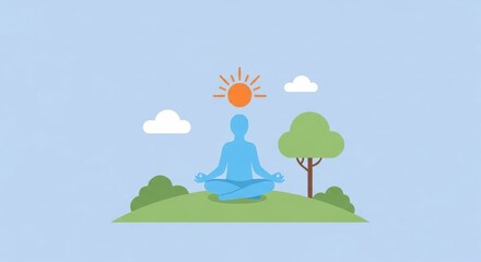 Blue Silhouette Person Meditating in Lotus Pose Outdoors in a Peaceful Park Illustration.