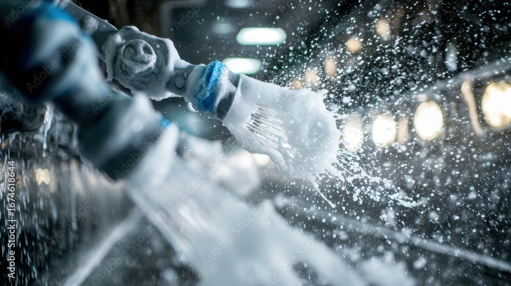 Poster focused view on robotic washing nozzles applying soap foam as the rest of the advanced car wash tech