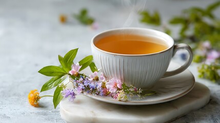 Steaming Cup of Herbal Tea with Flowers on Marble Tray.