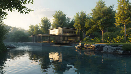 Modern glass house by a tranquil lake surrounded by lush green trees, reflecting in the water on a sunny day.