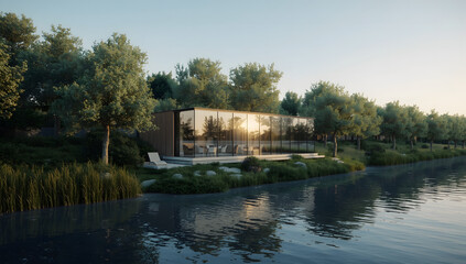 Modern glass-fronted house nestled beside tranquil lake at sunset.