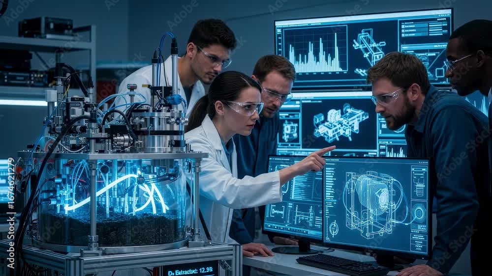 Poster engineering team monitoring digital displays in a lab environment featuring a prototype reactor for 