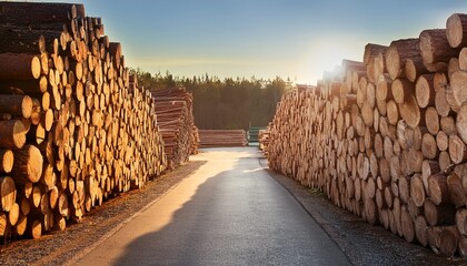 stack of cut logs on a quiet street in a timber yard