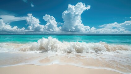 Tropical beach wave crashing on white sand, turquoise ocean, sunny sky, vacation background