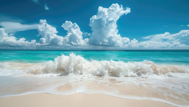 Tropical beach wave crashing on white sand, turquoise ocean, sunny sky, vacation background