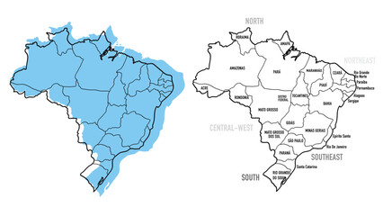 Brazil political and administrative vector map set. Blue and outline illustration with states and regions.