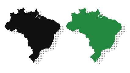 Brazil map silhouette set. Black and green vector illustration with halftone shadow.