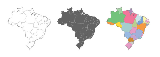 Brazil map vector set. Outline, silhouette, and political regions illustration.