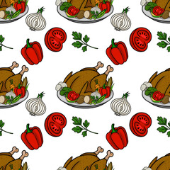 Seamless vector pattern featuring a roasted turkey surrounded by Thanksgiving vegetables like bell peppers, onions, tomatoes, and broccoli, creating a festive and appetizing design ideal for autumn...