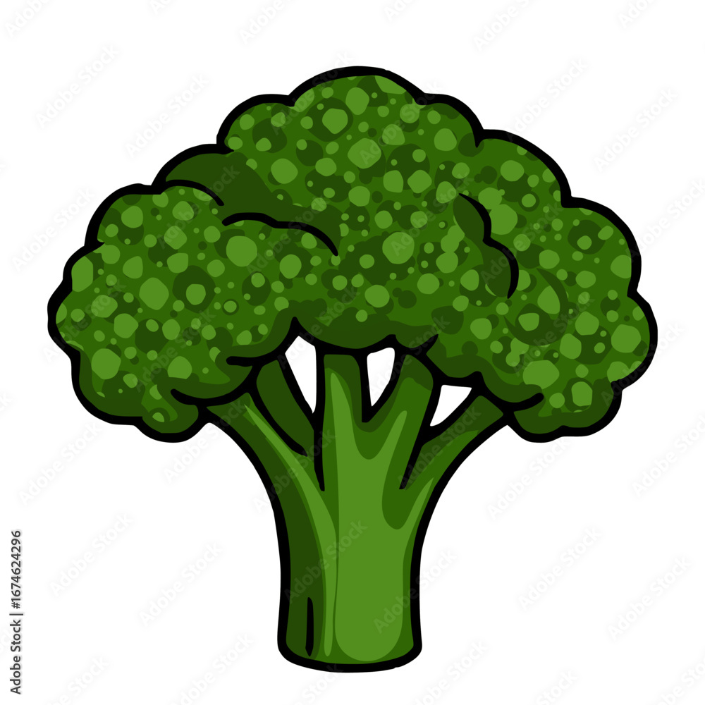 Poster a vibrant vector illustration of a single broccoli head, featuring a stylized, hand-drawn aesthetic 