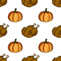 Seamless vector pattern featuring roasted turkey and pumpkins, a cheerful Thanksgiving design with hand-drawn style illustrations in orange and brown tones, perfect for autumnal celebrations.