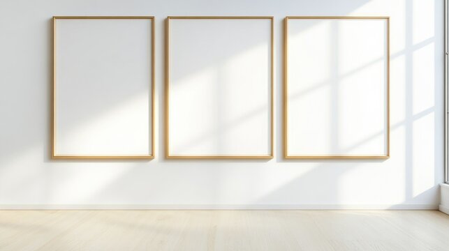 Three blank vertical frames on white wall with sunlight