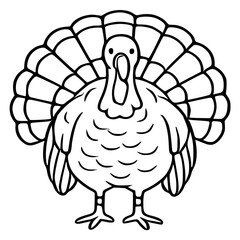 Thanksgiving vector illustration of a cartoon turkey with detailed feathers and a simplified body, perfect for holiday designs and coloring pages.